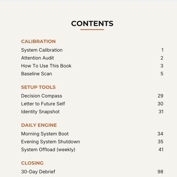 Vibe Shield contents page, showing Calibration, Setup Tools, Daily Engine and Closing sections